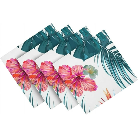 GZHJMY Set of 4 Hawaiian Floral Tropical Leaves Exotic Flower Jungle Palm Leaf Monstera Hibiscus Cloth Napkins Washable Polyester Dinner Napkins 20"X20" for Dining Table Wedding Party Fall Holidays
