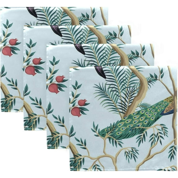 GZHJMY Set of 4 Vintage Pomegranate Fruit Tree Peacock Bird Palm Leaf Exotic Chinoiserie Pattern Cloth Napkins Washable Polyester Dinner Napkins 20"X20" for Dining Table Wedding Party Fall Holidays