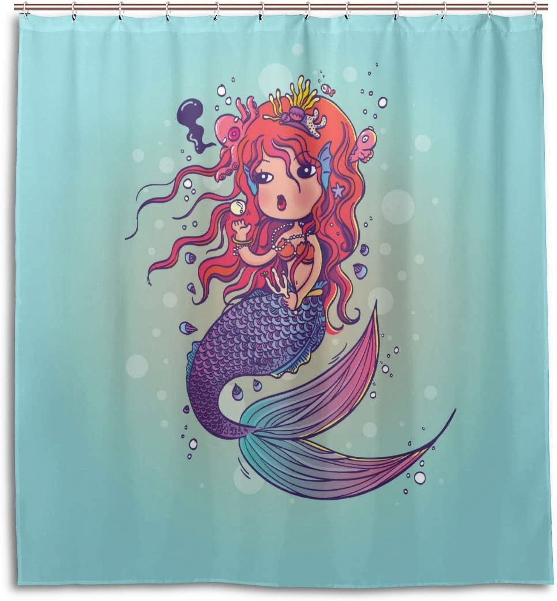 GZHJMY Shower Curtains 66x72 Cute Mermaid with Octopus On Red Hair