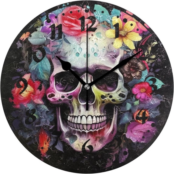 GZHJMY Skull with Colorful Flower Wall Clock, PVC Silent Non Ticking 10 Inch Battery Operated Wall Clocks, Easy to Read Clock for Home Kitchen Living Room Bathroom Office Decor