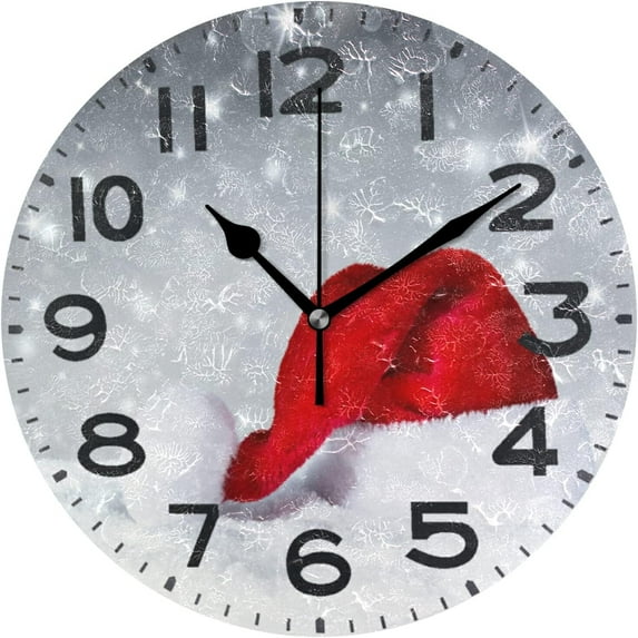 GZHJMY Snow Christmas Hat Round Wall Clock, 9.5 Inch Battery Operated Quartz Analog Quiet Desk Clock for Home,Office,School,Kitchen