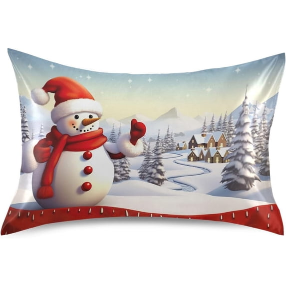 GZHJMY Snowman Satin Pillowcase, Soft Breathable Silk Pillow Case with Envelope Closure for Hair and Skin, Queen Size 30 x 20 Inch Home Decor