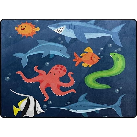 GZHJMY Soft Foam Nursery Rugs Ocean Animals Shark Dolphin Octopus Non Slip Play Mats for Kids Boys Girls Playing Room Living Room 72x48 inch Carpet Runner