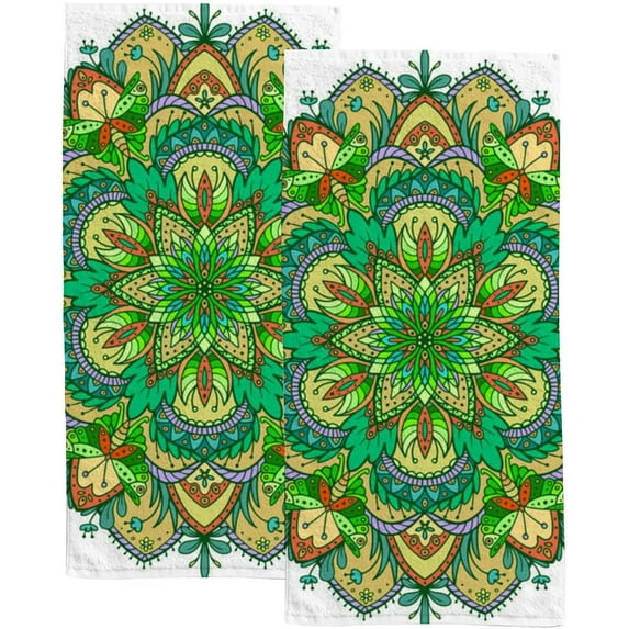 GZHJMY Soft Hand Towels, 2 Pack Towels Floral Mandala Green Colors Absorbent Washcloths Multipurpose for Bathroom Gym Hotel Spa