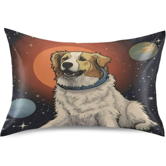 GZHJMY Space Dog Satin Pillowcase, Soft Breathable Silk Pillow Case with Envelope Closure for Hair and Skin, Standard Size 26 x 20 Inch Home Decor