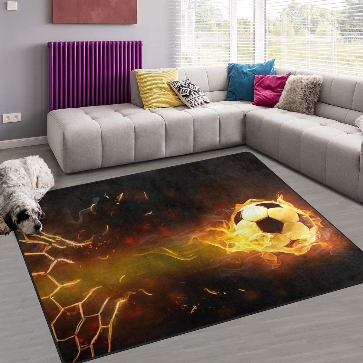 GZHJMY Sport Area Rug 2'x3', Fire Soccer Ball Polyester Area Rug Mat ...