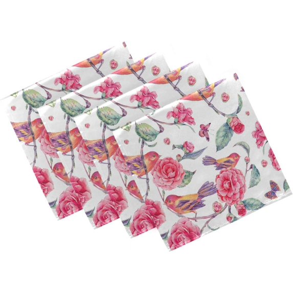 GZHJMY Spring Birds Blooming Camellia Branch Floral Cloth Napkins, Set of 4 20 x 20 Inch Soft & Comfortable Polyester Dinner Napkin for Family, Restaurant, Weddings, Parties