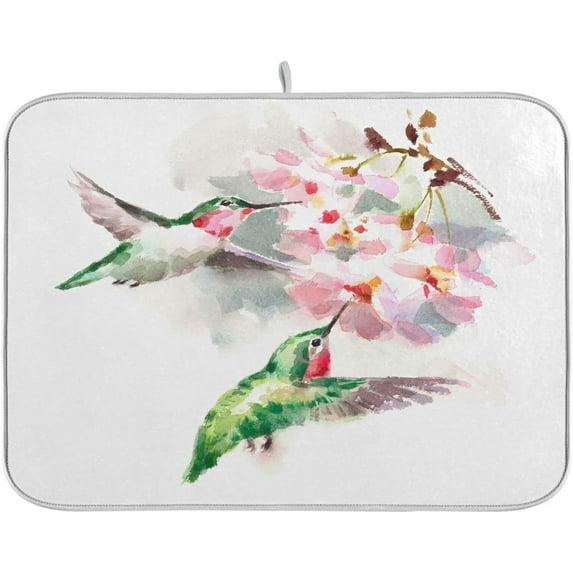 GZHJMY Spring Cherry Blossoms Flowers Hummingbirds Absorbent Dish Drying Mat, 16 x 18 Inches Microfiber Kitchen Countertop Table Protector Multi-Purpose Counter Rack Sink Drainer Pad
