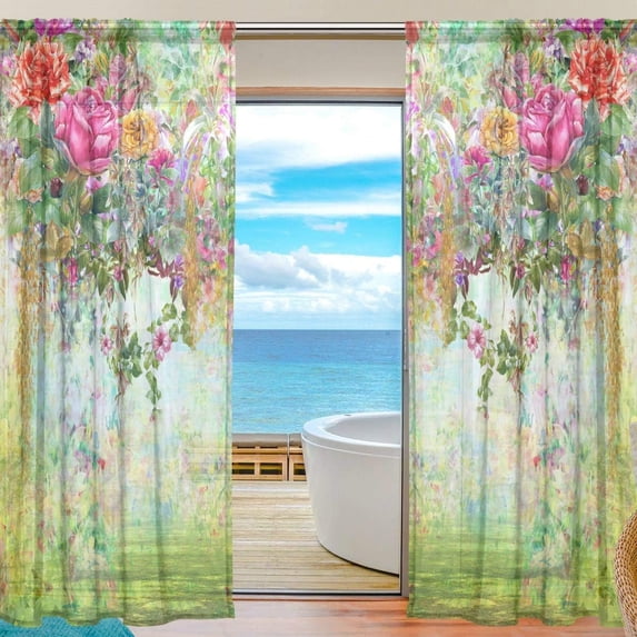 GZHJMY Spring Watercolor Multicolored Flowers Sheer Curtains Window Voile Panels Drapes Tulle Curtains, Semi Sheer Curtains 78 Inches Long for Living Room Bedroom, Set of 2 Home Decor