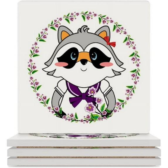 GZHJMY Square Drink Coasters 2 Pcs Cute Fashionable Raccoon Absorbent Ceramic Coffee Coasters for Drinks with Cork Base Housewarming Gift for Home Decor