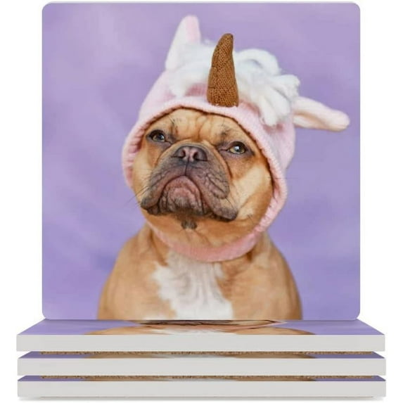 GZHJMY Square Drink Coasters 2 Pcs French Bulldog Dog Wearing Unicorn Hat Costume Absorbent Ceramic Coffee Coasters for Drinks with Cork Base Housewarming Gift for Home Decor