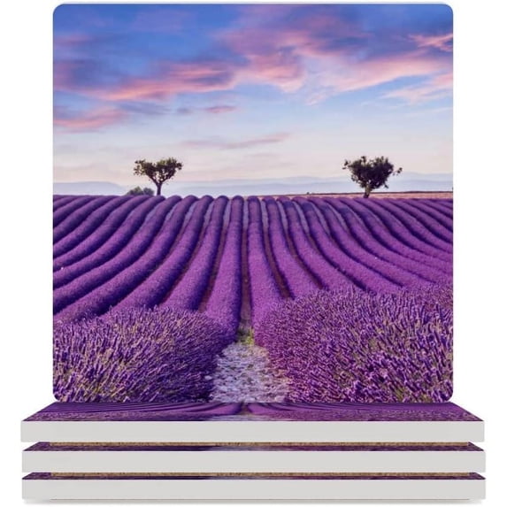 GZHJMY Square Drink Coasters 2 Pcs Lavender Field Sunset Landscape Absorbent Ceramic Coffee Coasters for Drinks with Cork Base Housewarming Gift for Home Decor