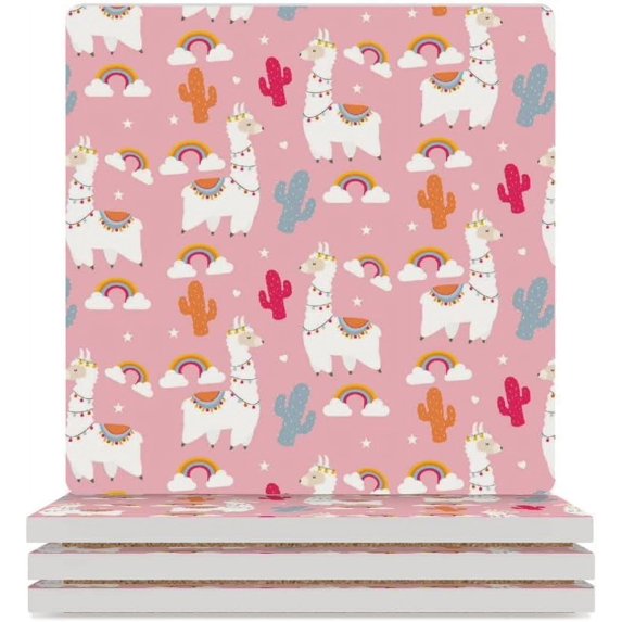GZHJMY Square Drink Coasters 2 Pcs Llama and Cactus Rainbow on Pink Absorbent Ceramic Coffee Coasters for Drinks with Cork Base Housewarming Gift for Home Decor