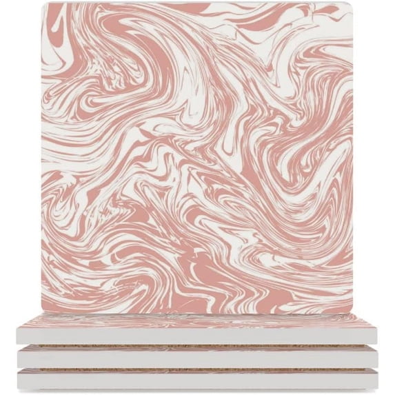 GZHJMY Square Drink Coasters 2 Pcs Pink Pastel Marble Texture Absorbent Ceramic Coffee Coasters for Drinks with Cork Base Housewarming Gift for Home Decor