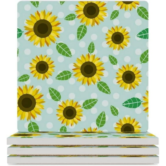 GZHJMY Square Drink Coasters 2 Pcs Sunflower Flowers Polka Dots Absorbent Ceramic Coffee Coasters for Drinks with Cork Base Housewarming Gift for Home Decor