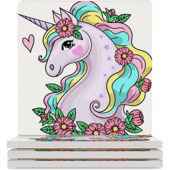 GZHJMY Square Drink Coasters, 4 Pcs Cute Unicorn with Flowers Absorbent Ceramic Coffee Coasters for Drinks with Cork Base Housewarming Gift for Home Decor