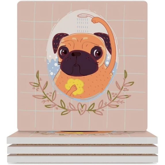 GZHJMY Square Drink Coasters, 4 Pcs Pug in The Shower Absorbent Ceramic Coffee Coasters for Drinks with Cork Base Housewarming Gift for Home Decor
