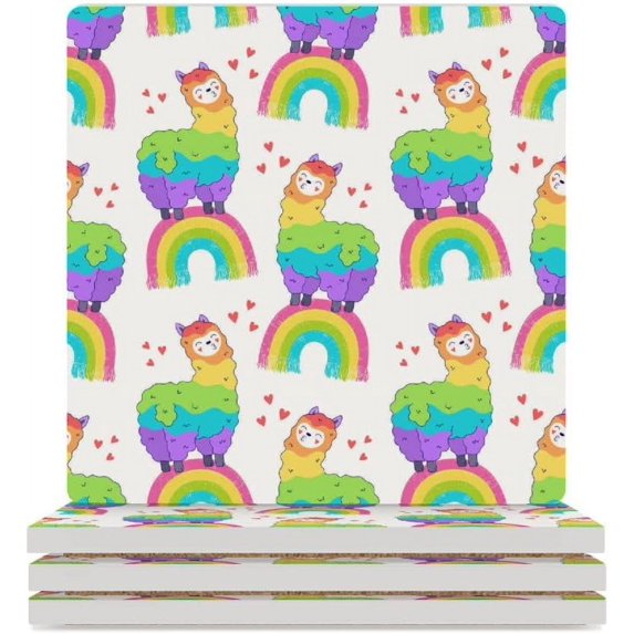 GZHJMY Square Drink Coasters, 4 Pcs Rainbow Llama Absorbent Ceramic Coffee Coasters for Drinks with Cork Base Housewarming Gift for Home Decor