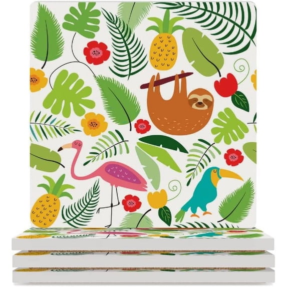 GZHJMY Square Drink Coasters, 4 Pcs Tropical Plants Sloth Flamingo Absorbent Ceramic Coffee Coasters for Drinks with Cork Base Housewarming Gift for Home Decor