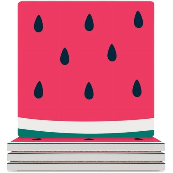 GZHJMY Square Drink Coasters, 6 Pcs Bright Summer with Watermelon Absorbent Ceramic Coffee Coasters for Drinks with Cork Base Housewarming Gift for Home Decor