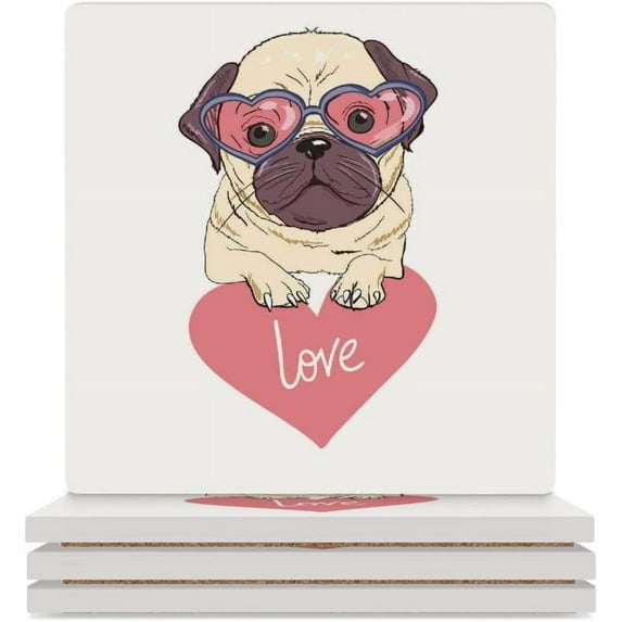 GZHJMY Square Drink Coasters, 6 Pcs Bulldog with Heart of Love Absorbent Ceramic Coffee Coasters for Drinks with Cork Base Housewarming Gift for Home Decor