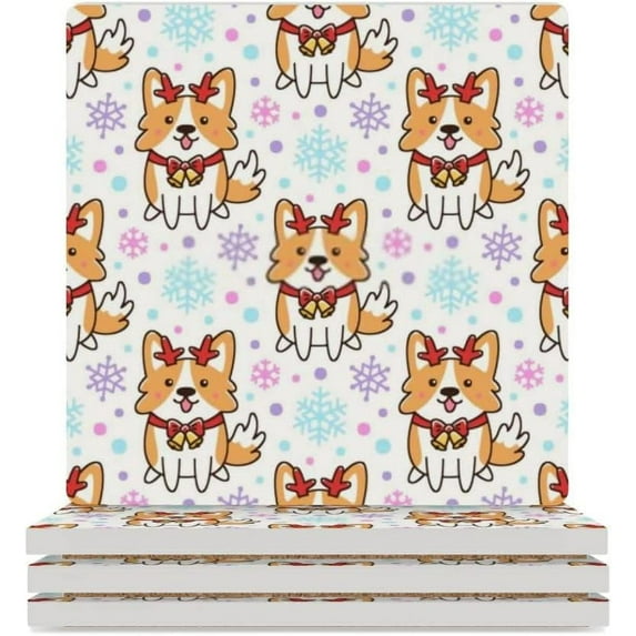 GZHJMY Square Drink Coasters, 6 Pcs Christmas Corgi Dog and Snowflakes Absorbent Ceramic Coffee Coasters for Drinks with Cork Base Housewarming Gift for Home Decor