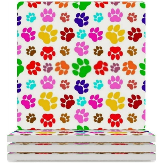GZHJMY Square Drink Coasters, 6 Pcs Colorful Paw Print Absorbent Ceramic Coffee Coasters for Drinks with Cork Base Housewarming Gift for Home Decor
