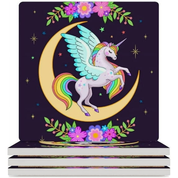GZHJMY Square Drink Coasters, 6 Pcs Cute Cartoon Pegasus with Rainbow Color Absorbent Ceramic Coffee Coasters for Drinks with Cork Base Housewarming Gift for Home Decor