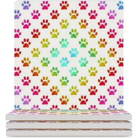 GZHJMY Square Drink Coasters, 6 Pcs Paw Prints in Gradient Colors Absorbent Ceramic Coffee Coasters for Drinks with Cork Base Housewarming Gift for Home Decor