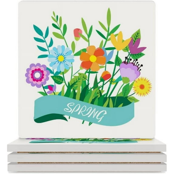 GZHJMY Square Drink Coasters, 6 Pcs Spring Elements Flower Leaf Absorbent Ceramic Coffee Coasters for Drinks with Cork Base Housewarming Gift for Home Decor