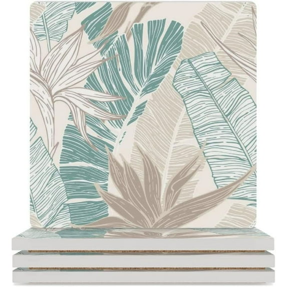 GZHJMY Square Drink Coasters, 6 Pcs Tropical Summer Palm Tree and Banana Leaves Absorbent Ceramic Coffee Coasters for Drinks with Cork Base Housewarming Gift for Home Decor
