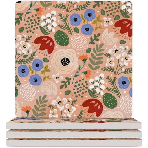 GZHJMY Square Drink Coasters, 6 Pcs Watercolor Flowers Leaves Absorbent Ceramic Coffee Coasters for Drinks with Cork Base Housewarming Gift for Home Decor