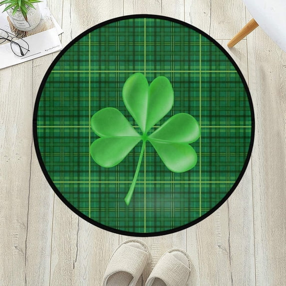GZHJMY St. Patrick's Day Anti Fatigue Round Area Rug, Plaid Clover Non Slip Absorbent Comfort Round Rug Floor Carpet Yoga Mat for Entryway Living Room Bedroom Sofa Home Decor (3' in Diameter)