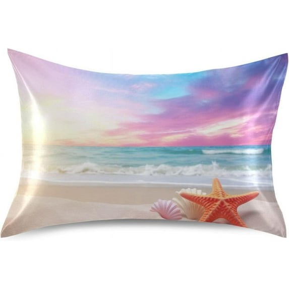 GZHJMY Starfish Beach Satin Pillowcase, Soft Breathable Silk Pillow Case with Envelope Closure for Hair and Skin, Standard Size 26 x 20 Inch Home Decor