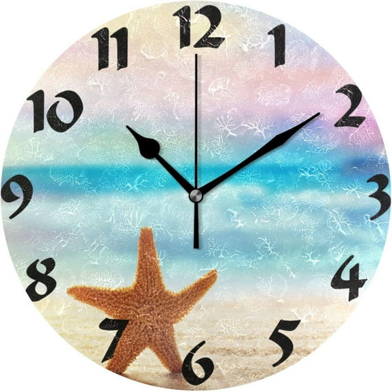 GZHJMY Starfish on Beach Wall Clock,Silent Non Ticking 10 Inch Battery Operated Round PVC Wall Clocks for Kitchen,Home,Bedrooms,Office Decor