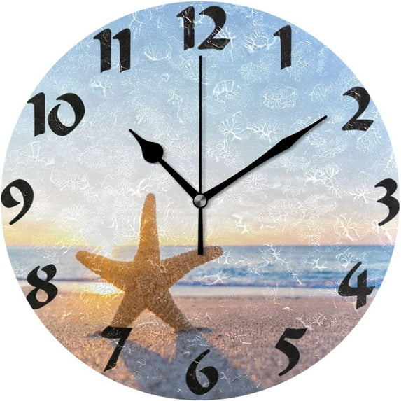 GZHJMY Starfish on Beach Wall Clock,Silent Non Ticking 10 Inch Battery Operated Round PVC Wall Clocks for Kitchen,Home,Bedrooms,Office Decor