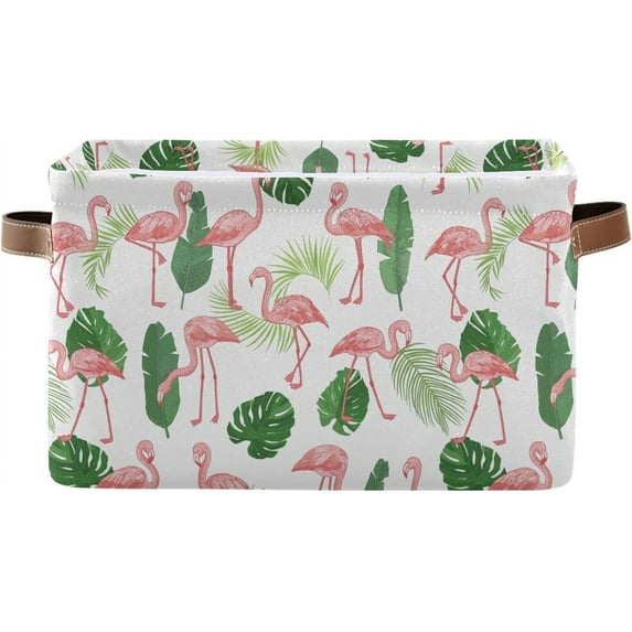 GZHJMY Storage Basket Flamingo Palm Leaf Foldable Canvas Laundry Baskets Bin Waterproof Inner Layer with Sturdy Handles for Toy Nursery Blanket Clothes 2 Pack