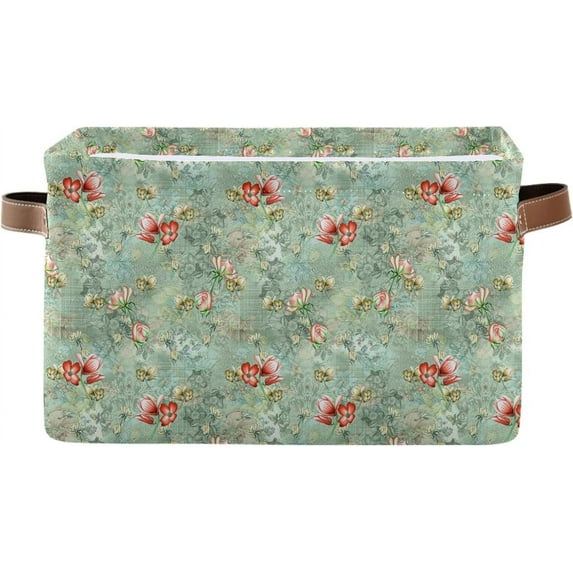 GZHJMY Storage Basket Retro Flowers Red Foldable Canvas Laundry Baskets Bin Waterproof Inner Layer with Sturdy Handles for Toy Nursery Blanket Clothes 2 Pack