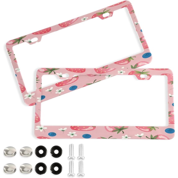 GZHJMY Strawberries Blueberries License Plate Frames Set of 2, Universal Aluminum License Plate Holders 2 Holes Car Tag Frames Automotive Exterior Accessories with Screw Caps Decorative