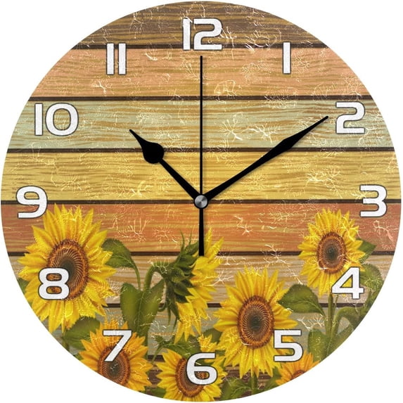 GZHJMY Stylish Beautiful Sunflowers Round PVC Wall Clock Battery Operated Non Ticking, Vintage Wood Print Silent Clock for Farmhouse School Home Decorative