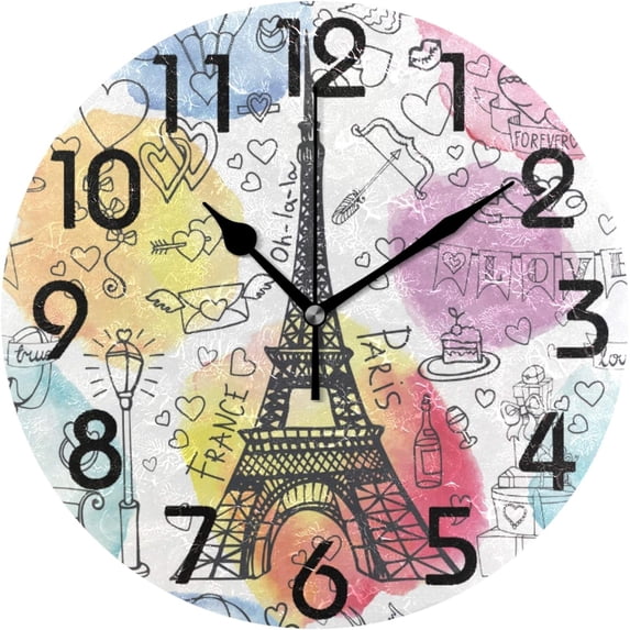 GZHJMY Stylish Romantic Paris Love Eiffel Tower Valentines Day Print Round Wall Clock, 9.5 Inch Battery Operated Quartz Analog Quiet Desk Clock for Home,Office,School