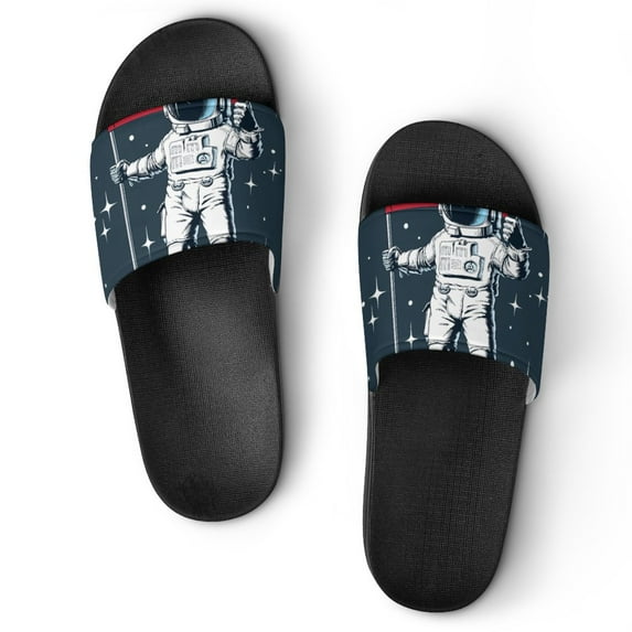 GZHJMY Stylish Slides for Women Men, Astronaut with American Flag Stands on Moon Soft Flexible Slip-on Sandals Slippers