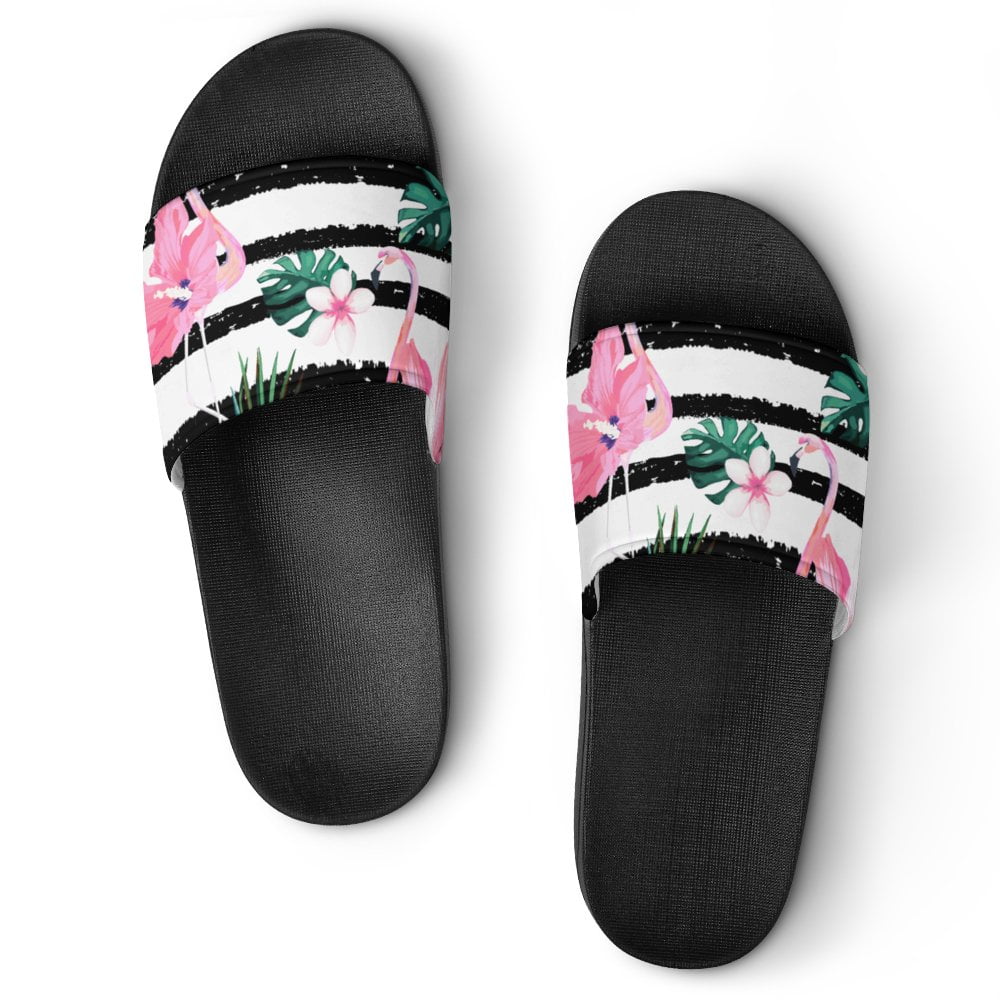 GZHJMY Stylish Slides for Women Men Black and White Striped Flamingo Soft Flexible Slip on Sandals Slippers