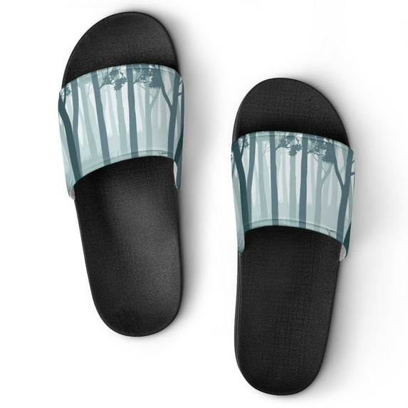 GZHJMY Stylish Slides for Women Men, Blue Landscape with Silhouettes of Trees Soft Flexible Slip-on Sandals Slippers