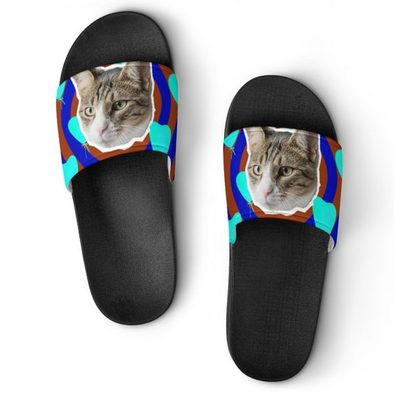 GZHJMY Stylish Slides for Women Men, Cat Head with Bright Hearts Collage Soft Flexible Slip-on Sandals Slippers