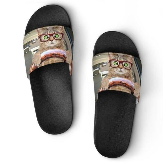 GZHJMY Stylish Slides for Women Men, Cross-eyed Cat with Glasses Driving A Car Soft Flexible Slip-on Sandals Slippers