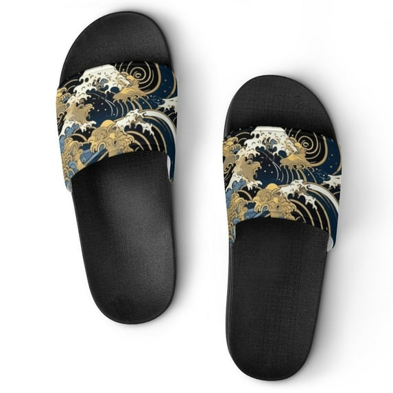 GZHJMY Stylish Slides for Women Men, Japanese Waves Blue and White Gold Leaf Soft Flexible Slip-on Sandals Slippers