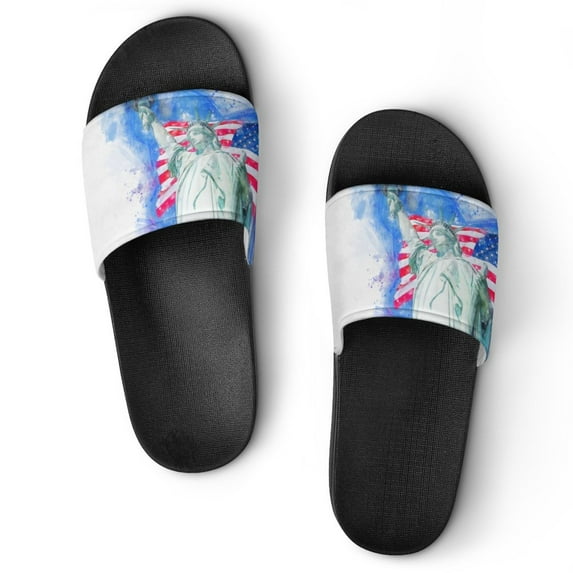 GZHJMY Stylish Slides for Women Men, Large American Flag and New York Skyline Soft Flexible Slip-on Sandals Slippers