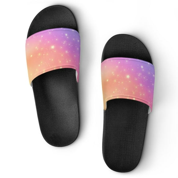 GZHJMY Stylish Slides for Women Men, Rainbow Unicorn Fantasy Background with Stars and Sparkles Soft Flexible Slip-on Sandals Slippers