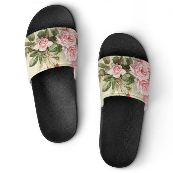 GZHJMY Stylish Slides for Women Men, Vintage Pink Roses Soft Flexible Slip-on Sandals Slippers